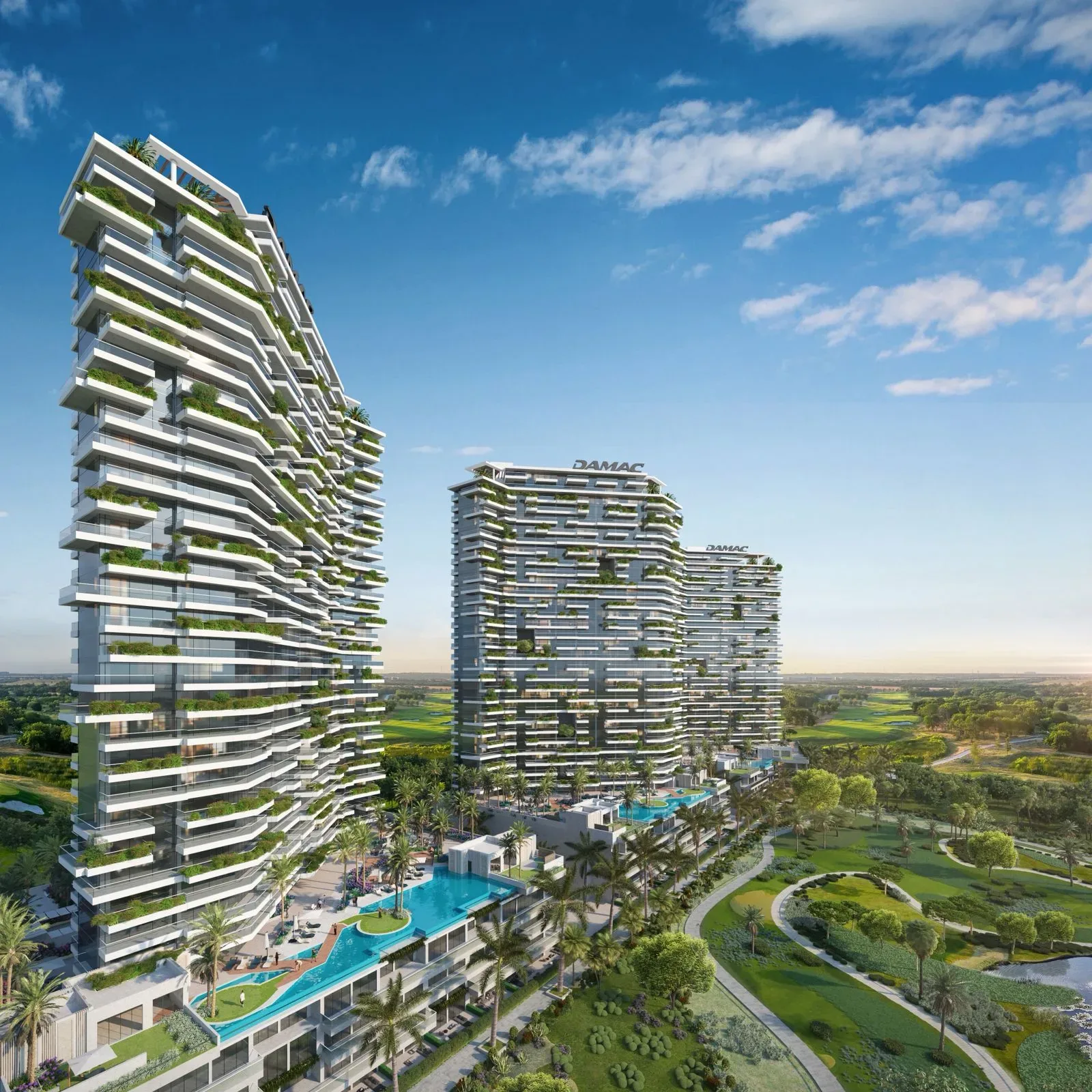 Golf Greens — exterior view of two DAMAC towers with pool and golf course